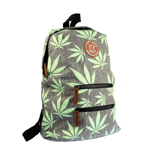 Gray leisure backpack with green weed leaf