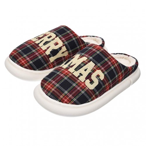 Men's Warm Christmas Slippers "Merry Xmas" – Dark Plaid
