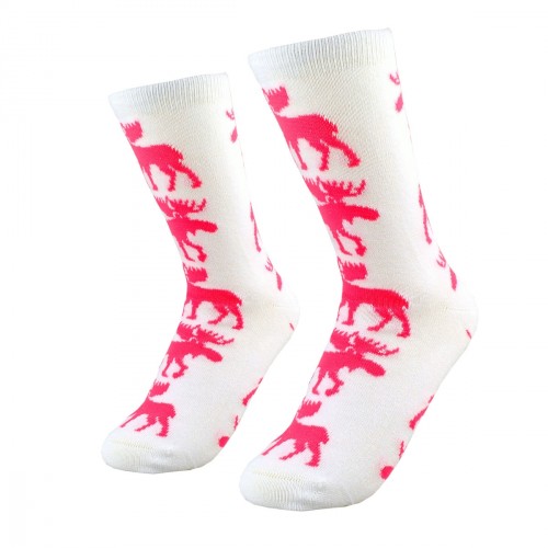 White cotton socks for women with pink elks size:(36-42)