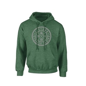 Green heater hooded sweater with gray print logo 