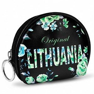 Coin Purse “LITHUANIA Original” – Black Floral with Green Accents