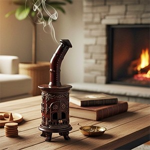 Handmade Ceramic Incense Burner Stove with Chimney, Gold Decor