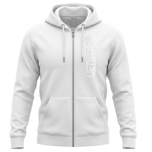 Baltas unisex džemperis su gobtuvu LIETUVA – iškili gumuota spauda (unisex)