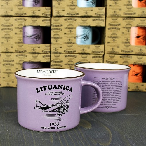 Mažas puodelis Lituanica - violetinės spalvos, 150 ml, su skrydžio istorija