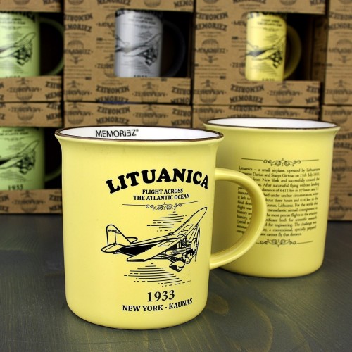 Lituanica geltonos spalvos suvenyrinis puodelis su istorija 280ml