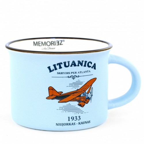 Mažas puodelis Lituanica - mėlynos spalvos, 150 ml, su skrydžio istorija