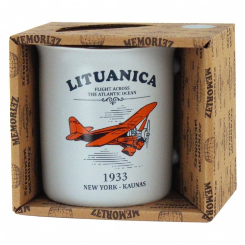 Lituanica pilkos spalvos suvenyrinis puodelis su istorija 280ml