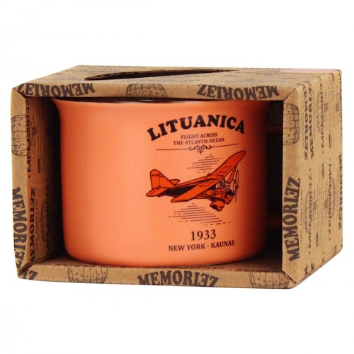 Mažas puodelis Lituanica - oranžinės spalvos, 150 ml, su skrydžio istorija