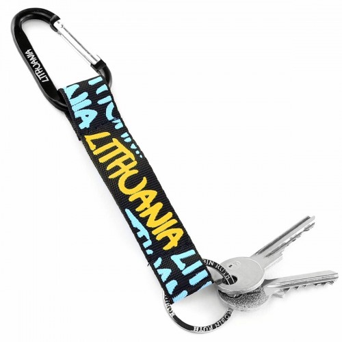 Raktų pakabukas su karabinu „LITHUANIA“ – juodas su geltonu užrašu