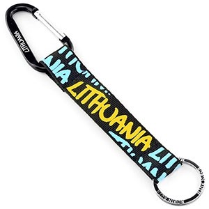 Raktų pakabukas su karabinu „LITHUANIA“ – juodas su geltonu užrašu