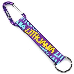 Raktų pakabukas su karabinu „LITHUANIA“ – violetinis su geltonu užrašu