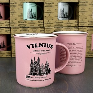 Vilnius, rožinės spalvos suvenyrinis puodelis su istorija 280ml