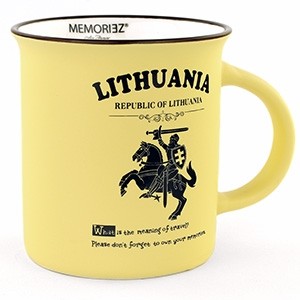 Gelsvos spalvos suvenyrinis puodelis Lietuva - Vytis su istorija 280ml