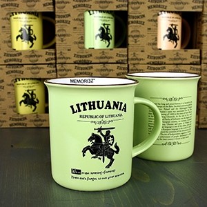 Žalios spalvos suvenyrinis puodelis Lietuva - Vytis su istorija 280ml